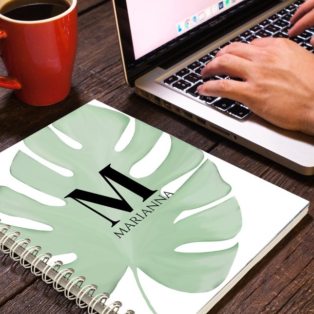 Cuaderno Simple Chic Tropical Verde Hojas de Palma (Simple minimalist botanical tropical palm leaf monogram and name notebook)