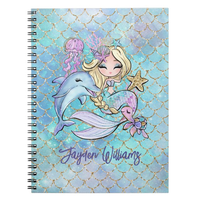 Cuaderno Sirena azul rosa lindo nombre de niña escolar (Frente)