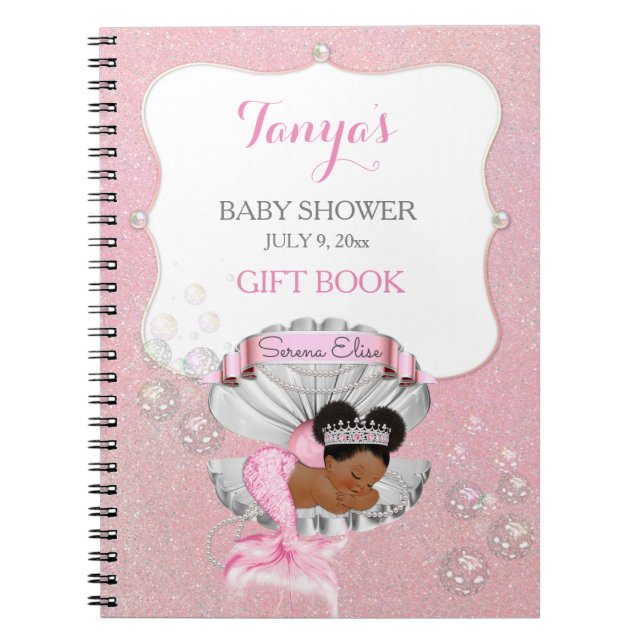 Cuaderno Sirena bebé afroamericana concha perlas rosadas (Frente)