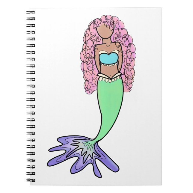 Cuaderno sirena de arco iris rosa azul violeta verde rizo n (Frente)