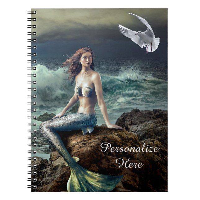 Cuaderno Sirena de fantasía en el mar con gaviota personali (Frente)