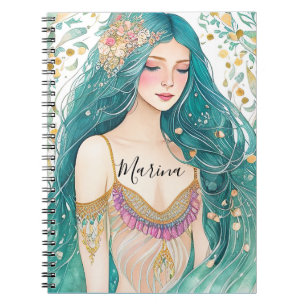 Cuaderno Sirena Princesa Floral Fantasía Teal Dorado Etéreo