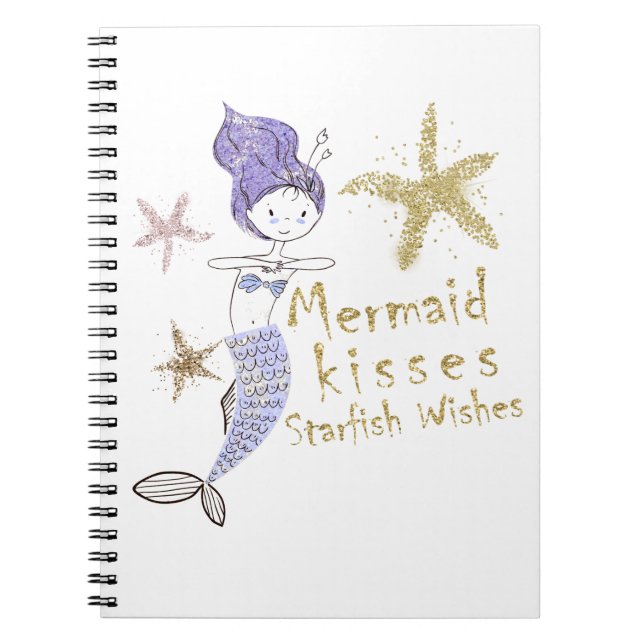 Cuaderno Sirena Purpurina de oro morado desea besos de pez  (Frente)