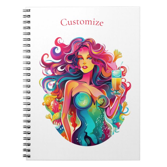 Cuaderno Sirenita de cabello arcoiris con cóctel (Frente)