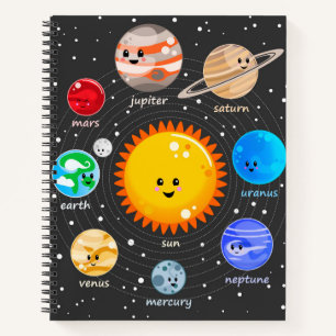 Cuaderno Sistema solar Kawaii feliz planetas estrellas grá
