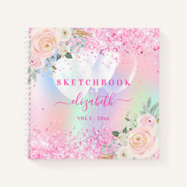 Cuaderno Sketchbok floros rosados nombre purpurina holográf