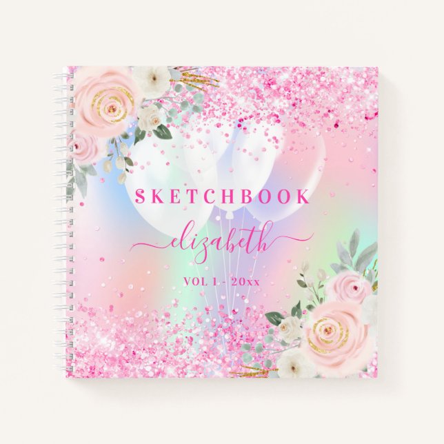 Cuaderno Sketchbok floros rosados nombre purpurina holográf (Anverso)