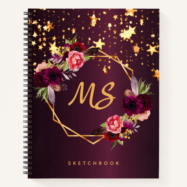 Cuaderno Sketchbook burgundy florines estrellas doradas mon (Anverso)