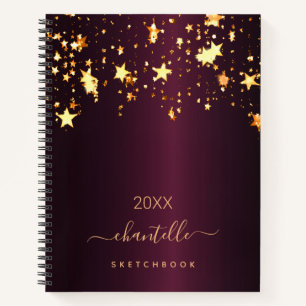 Cuaderno Sketchbook Burgundy gold estrellas monograma nombr