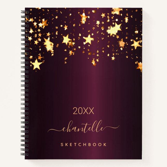 Cuaderno Sketchbook Burgundy gold estrellas monograma nombr (Anverso)