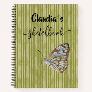 Cuaderno Sketchbook butterfly on green stripes add name