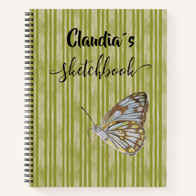 Cuaderno Sketchbook butterfly on green stripes add name (Anverso)