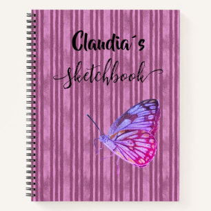 Cuaderno Sketchbook butterfly on pink stripes add name