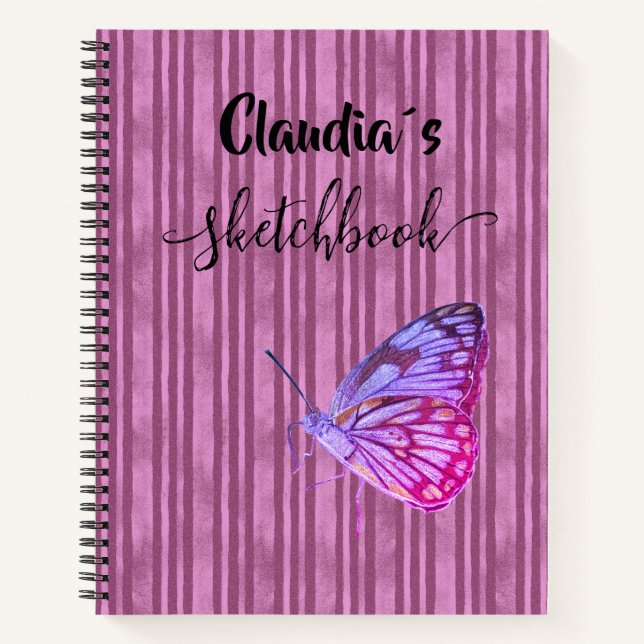 Cuaderno Sketchbook butterfly on pink stripes add name (Anverso)