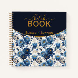 Cuaderno Sketchbook Elegante Rosas Azules y Oro Personaliza