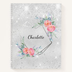 Cuaderno Sketchbook floros rosados plateados nombre purpuri