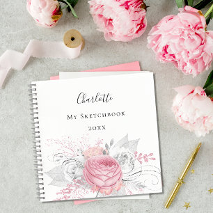 Cuaderno Sketchbook follaje rosa de plata floral nombre bla