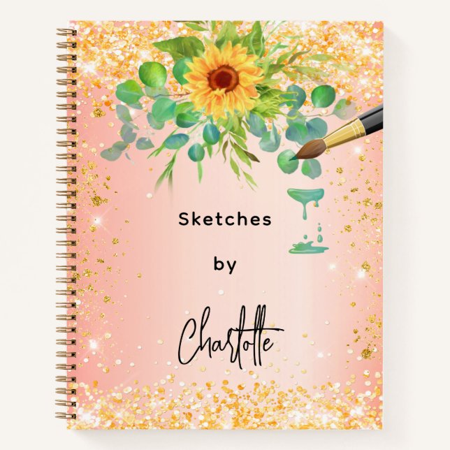 Cuaderno Sketchbook girasoles naranja pintura dorada (Anverso)