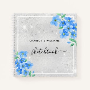Cuaderno Sketchbook nombre floral azul plateado