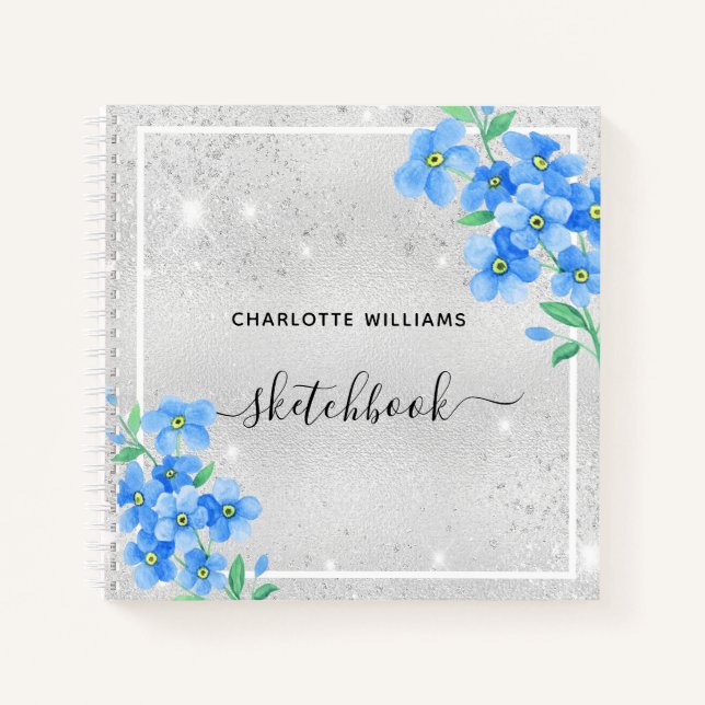 Cuaderno Sketchbook nombre floral azul plateado (Anverso)