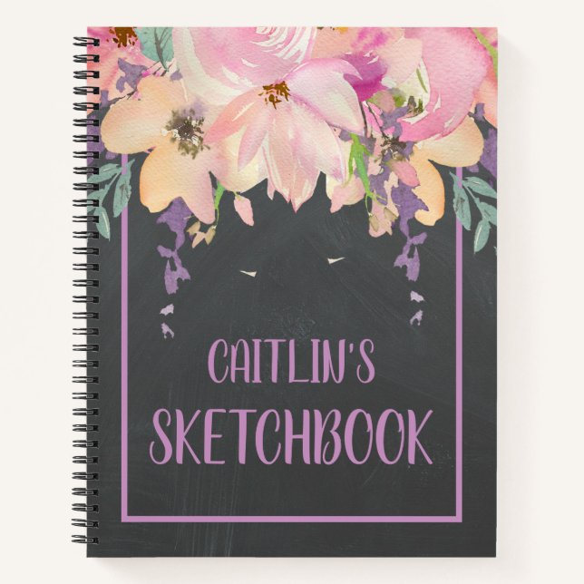 Cuaderno Sketchbook personalizado de flor rosa acuarela (Anverso)