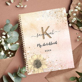 Cuaderno Sketchbook rose gold glitter sunflower monogram