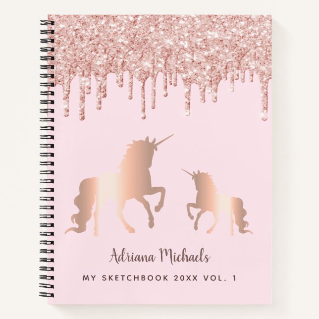 Cuaderno Sketchbook unicorn rosa de oro purpurina goteo nom (Anverso)