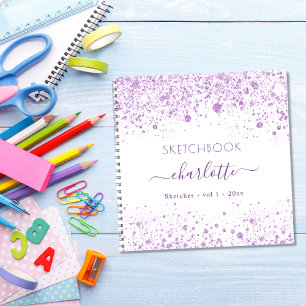 Cuaderno Sketchbook violet white glitter name script