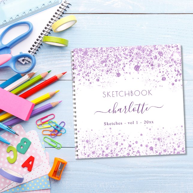 Cuaderno Sketchbook violet white glitter name script (Subido por el creador)