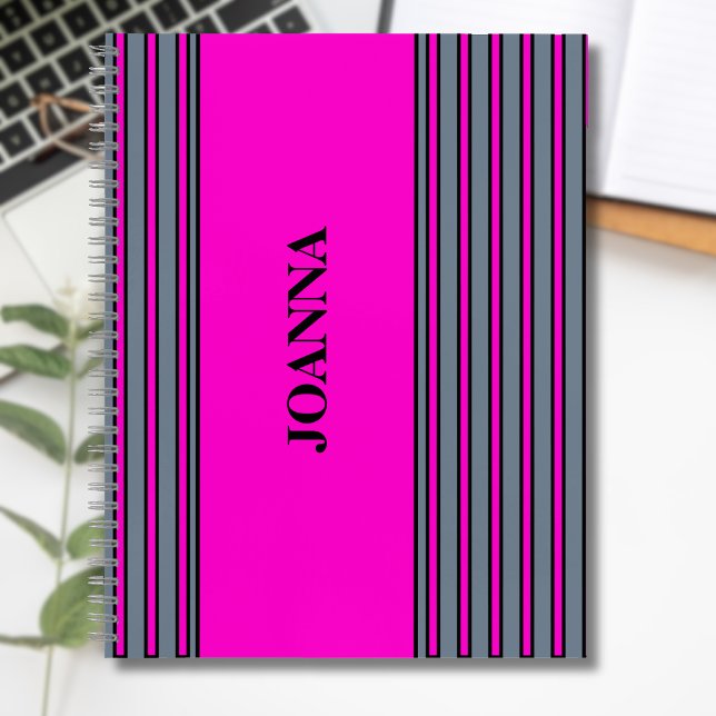 Cuaderno Slate Grey Fuchsia Elegant Stripes Name (Subido por el creador)