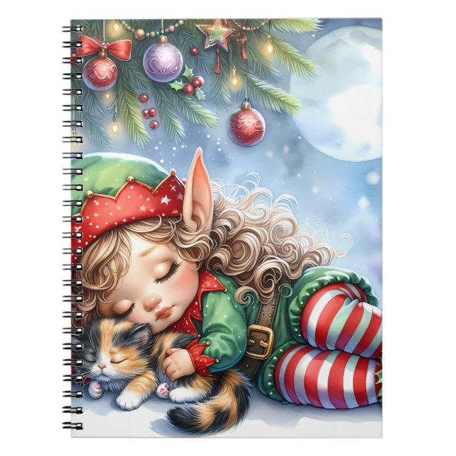 Cuaderno Sleeping Christmas Elf with Calico Kitten (Frente)