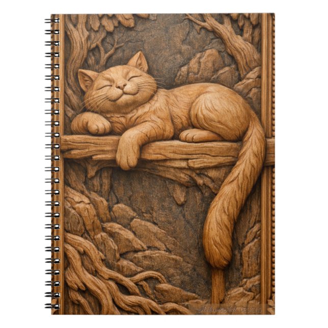 Cuaderno Sleepy Cat on Tree Branch – Wood Carving (Frente)