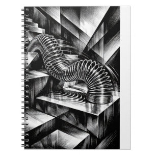 Cuaderno Slinky monocromo cayendo por escaleras de cromo