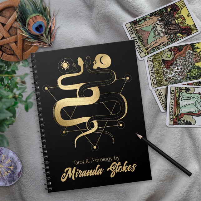 Cuaderno Snakes & Skulls gemelos Gothic negro y dorado (Twin Snakes & Skulls Black & Gold Trendy Gothic Notebook)