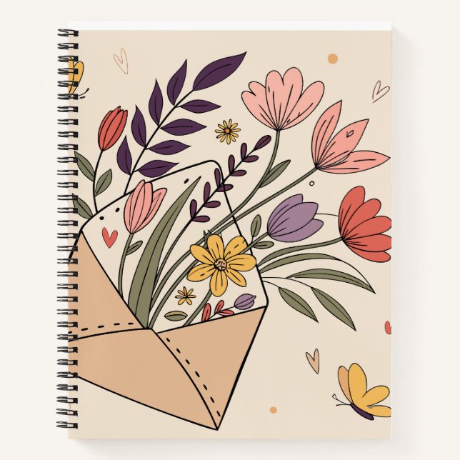 Cuaderno Sobre floral con flores de primavera y mariposas (Anverso)