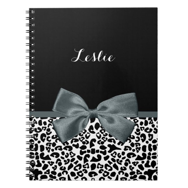 Cuaderno Sofisticado Bow gris de Leopardo con nombre (Frente)