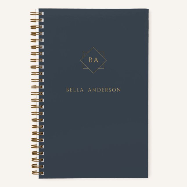 Cuaderno Sofisticado Monograma Inicial Navy Blue & Gold (Anverso)