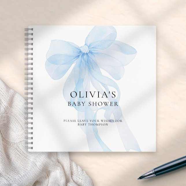 Cuaderno Soft Blue Bow Text Overlay Baby Shower Guest Book (Subido por el creador)