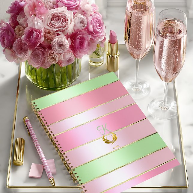 Cuaderno Soft Pastel Pink and Green Striped (Pretty Posh Pastel Monogrammed Pink and Green Notebook/Glossy Softcover (shown)Matte Hardcover )