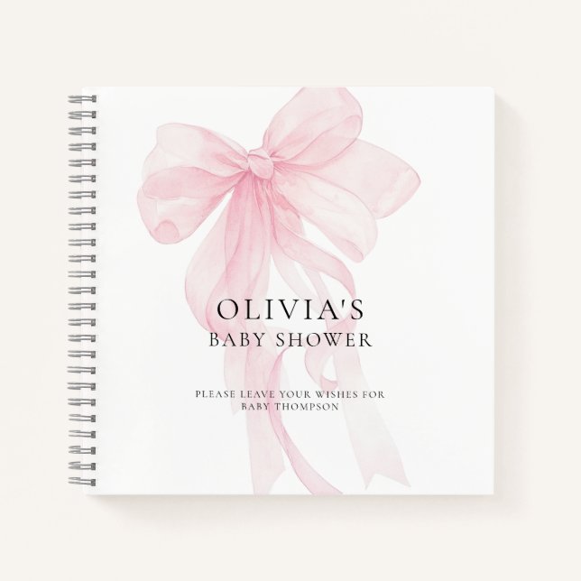 Cuaderno Soft Pink Bow Text Overlay Baby Shower Guest Book (Anverso)
