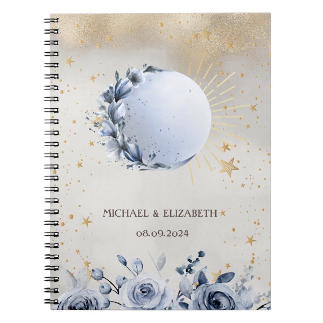Cuaderno Sol Celestial, Flores de Luna Azul, Cielo Nocturno (Frente)