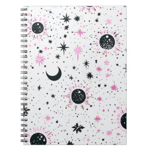 Cuaderno Sol Luna Estrellas Celestiales Negras y Rosadas