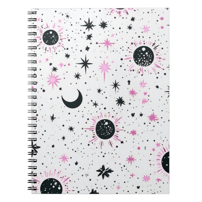 Cuaderno Sol Luna Estrellas Celestiales Negras y Rosadas (Frente)