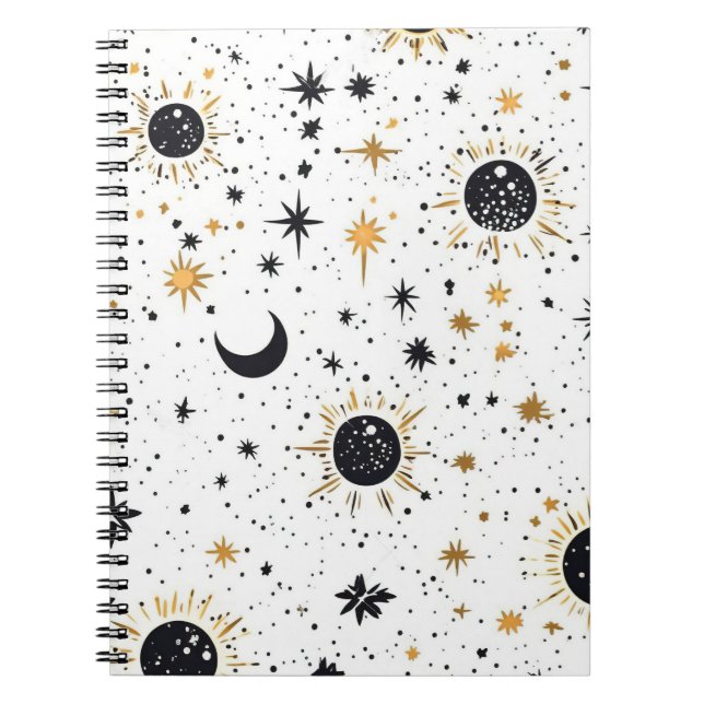 Cuaderno Sol Luna y Estrellas Celestiales Negro y Dorado (Frente)