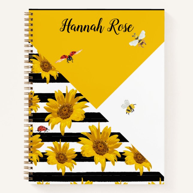 Cuaderno Sombras de flores amarillas blancas negras abejas  (Anverso)
