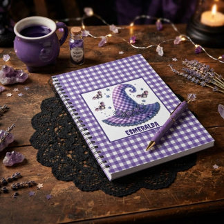 Cuaderno Sombrero de bruja de Halloween de gingham morado y