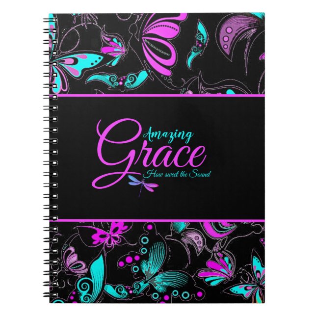 Cuaderno Sorprendente gracia Morado y mariposas verde azula (Frente)