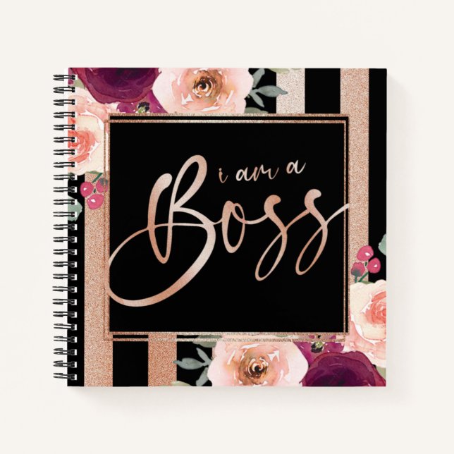 Cuaderno Soy Un Jefe Floral Rosa Negro Purpurina De Oro (Anverso)