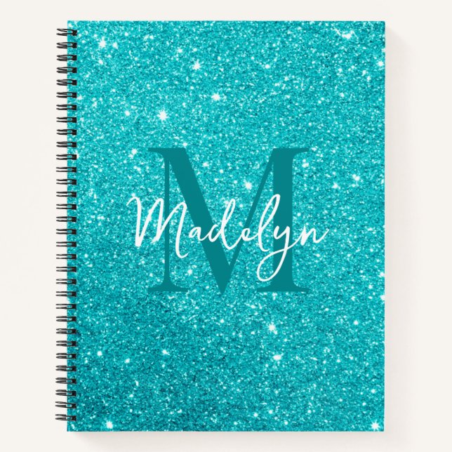 Cuaderno  sparkles Blue glitter monogram name girly (Anverso)