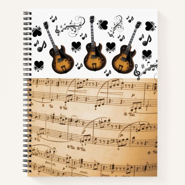 Cuaderno Spiral Notebook Music Notes Guitar Black Hearts (Anverso)